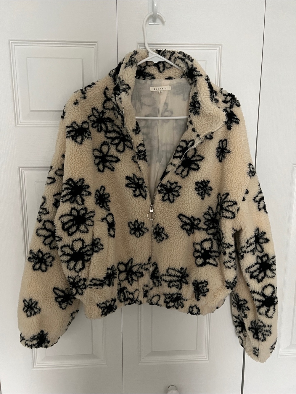 BaeVely Cream sherpa jacket with black floral print